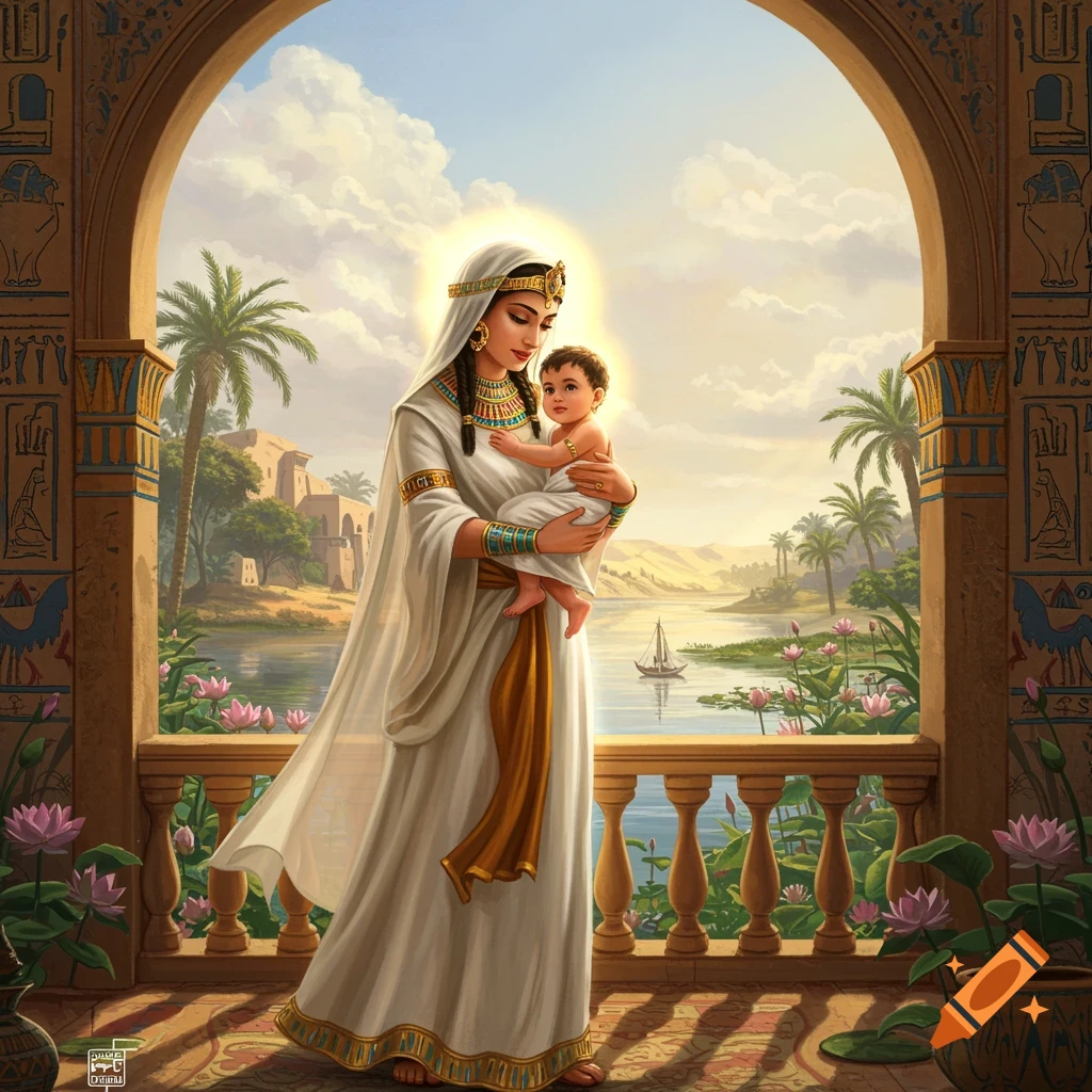 Ancient Egyptian woman in white robe with golden trim, holding a baby, on a balcony overlooking a river with lotus flowers and palm trees under a sunny sky.