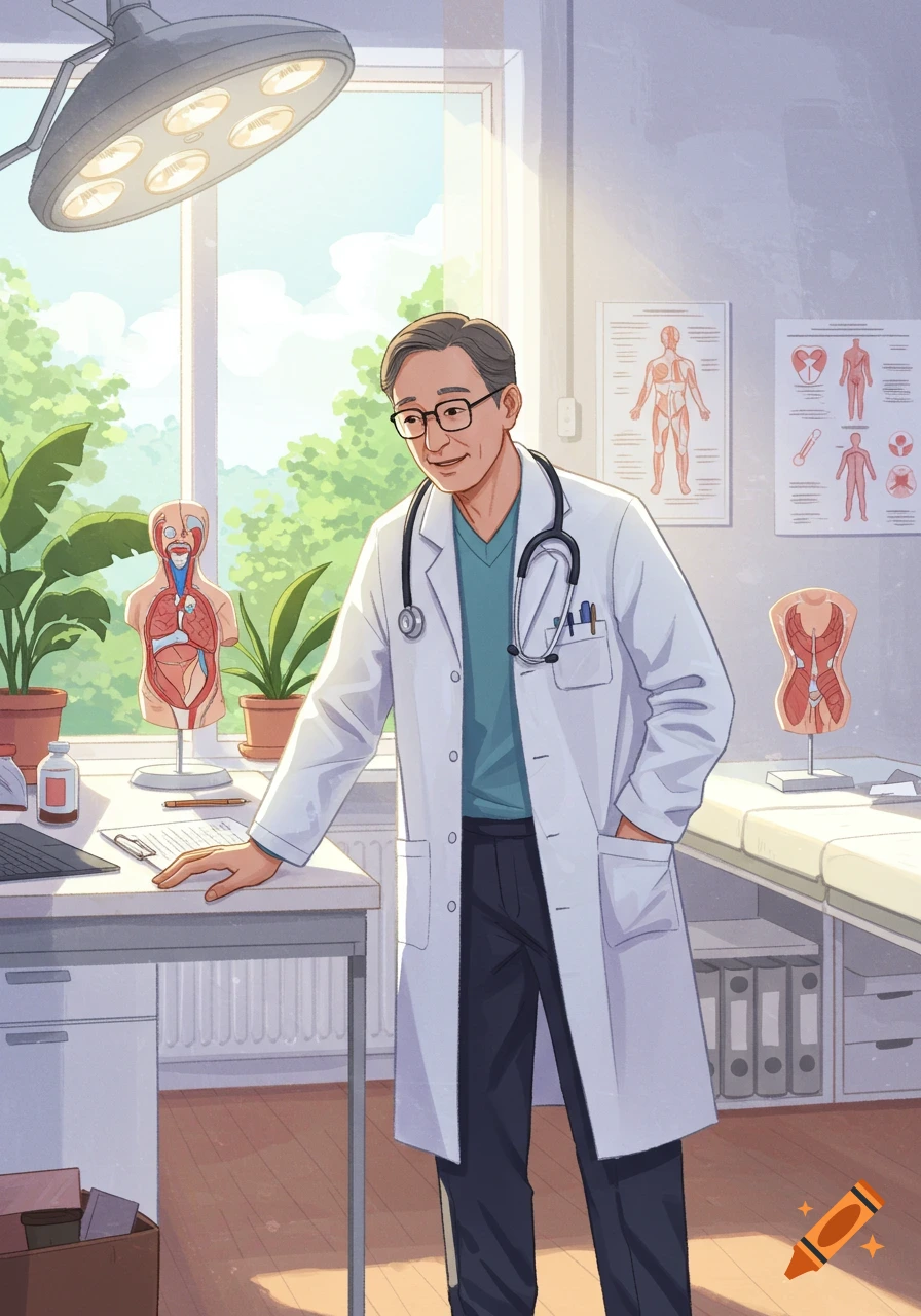 Smiling male doctor in a white coat stands in a sunny medical office with anatomical models and charts in an illustration.