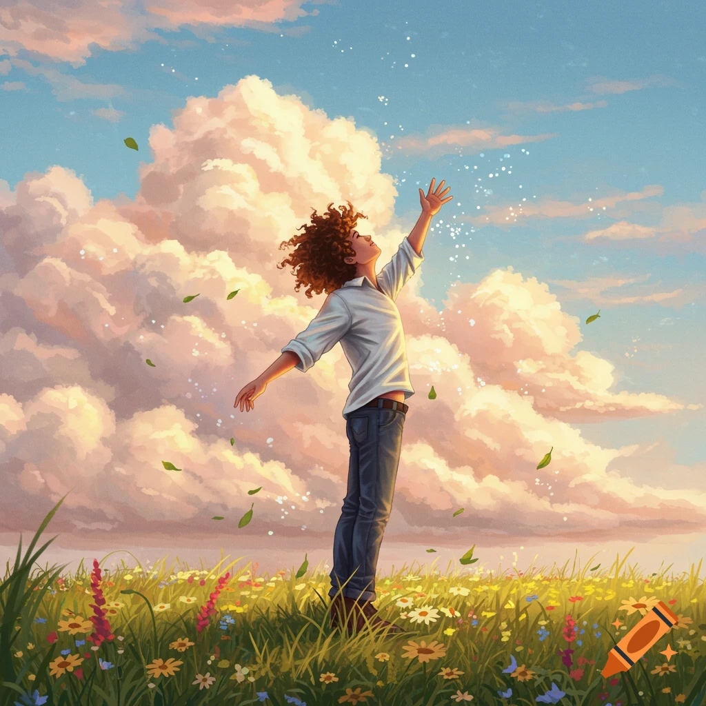 An illustrative image of a curly-haired person in a wildflower field, arms outstretched towards a cloudy sky with falling leaves.