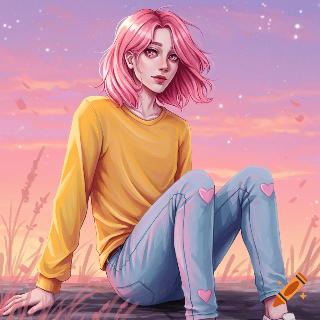 Stylized illustration of a person with pink hair and reddish eyes, wearing a yellow long-sleeve shirt and blue jeans with pink hearts on the knees, sitting against a vibrant pink and purple sunset sky.