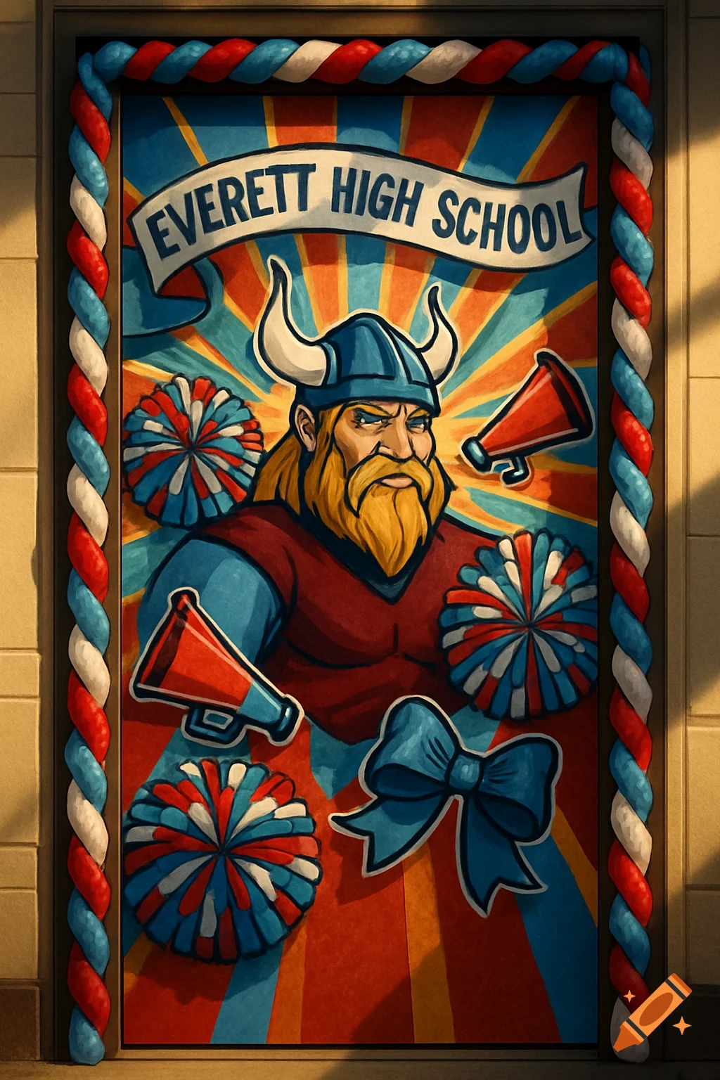 Illustrated door decoration featuring a Viking mascot, 'Everett High School' banner, pom-poms, and megaphones in red, white, and blue.