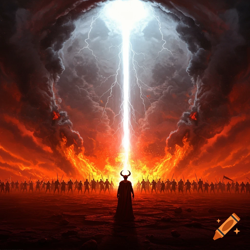 A horned figure stands before an army in a fiery, hellish landscape with a bright light splitting the dark sky.