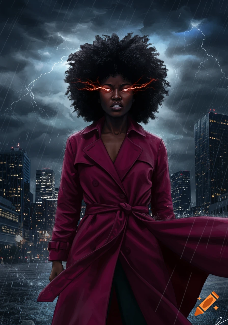 Digital art of a powerful Black woman with glowing red eyes, an Afro, and a red trench coat in a rainy, stormy city.