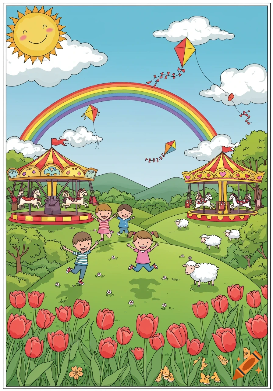 Children's illustration: a cheerful spring landscape with a rainbow, sun, carousels, sheep, and happy kids playing in tulips.