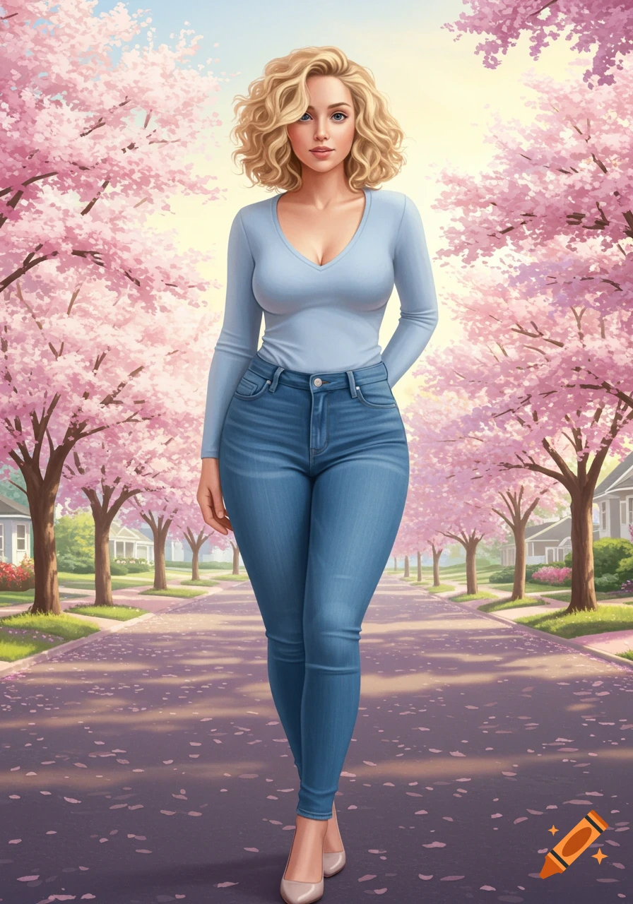 A stylized illustration of a blonde woman in a blue shirt and jeans standing on a cherry blossom-lined suburban street.