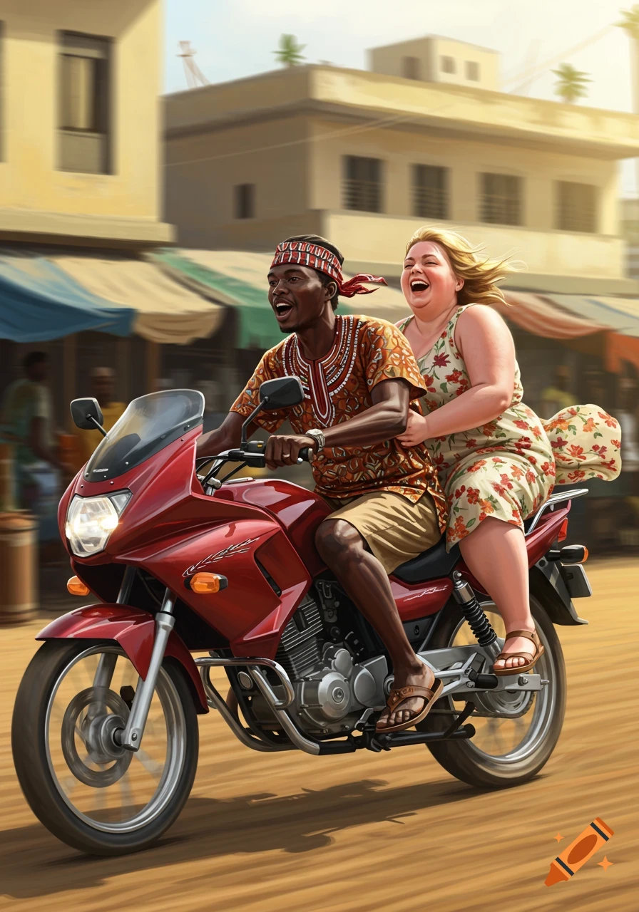 An African man driving a red motorcycle with a Caucasian woman riding behind him, both laughing, on a bustling city street.