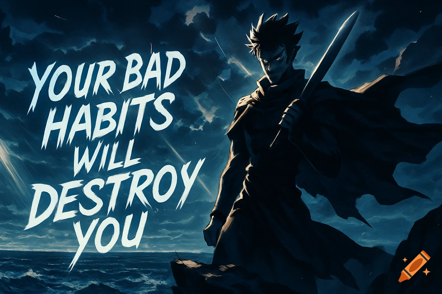 A powerful anime character holding a sword on a cliff overlooking a stormy sea, with the bold text 'YOUR BAD HABITS WILL DESTROY YOU'.