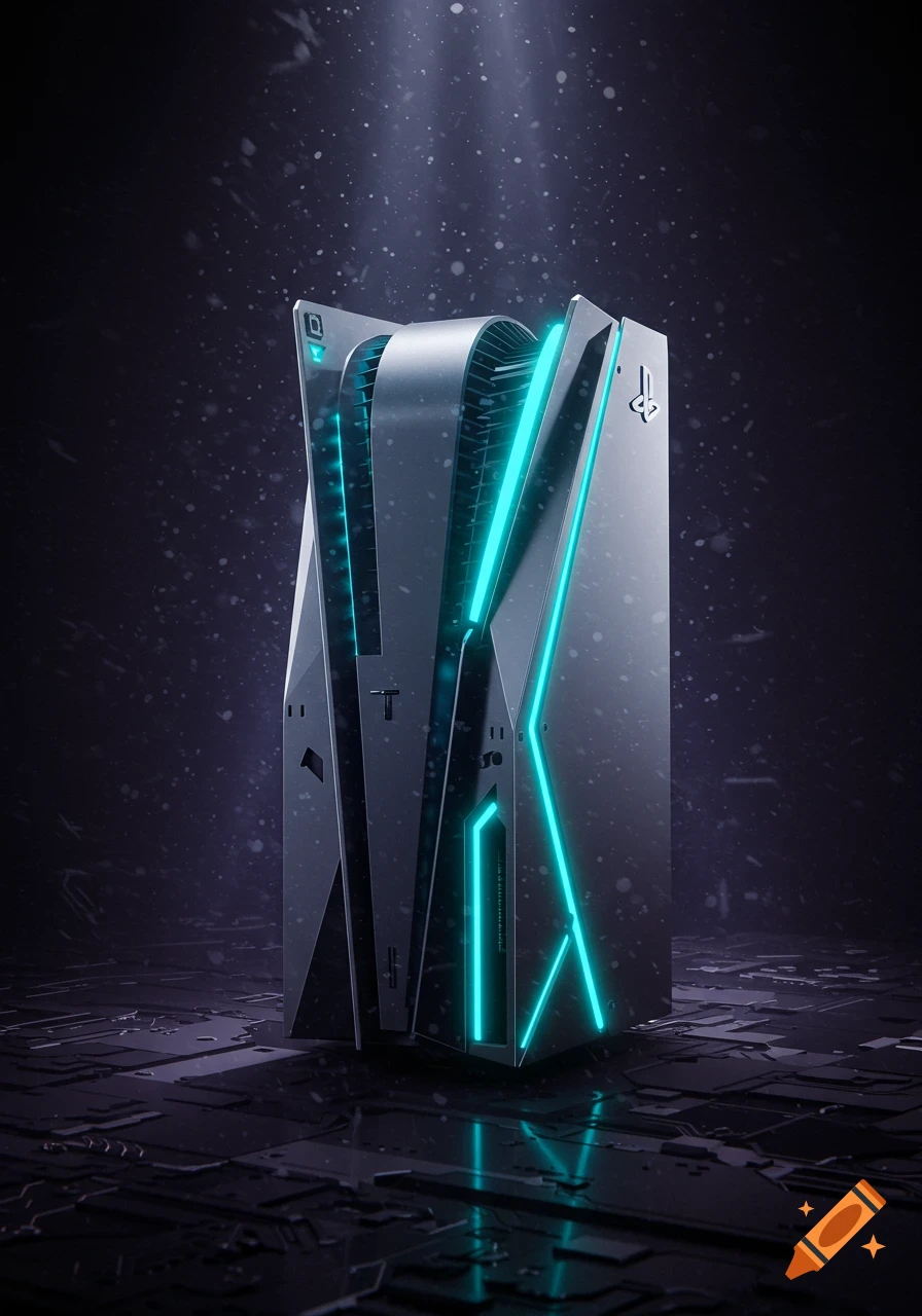 A futuristic, sleek gaming console resembling a PlayStation, with glowing blue accents, stands on a dark, tech-patterned surface under falling particles.