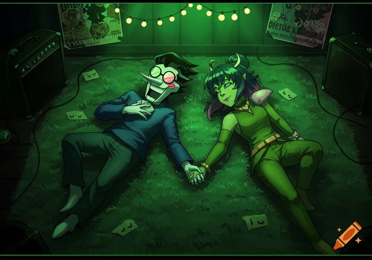 Spamton and Tenna from Deltarune lie on a green grassy floor, holding hands, in a dimly lit green room with amps and posters.