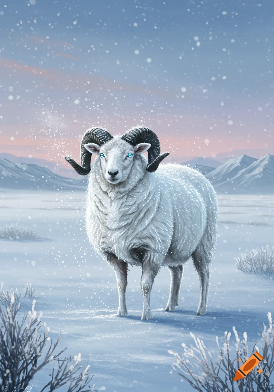 A majestic white ram with large curling horns and glowing blue eyes stands in a snowy field as flakes fall around it. Snow-capped mountains are in the background.