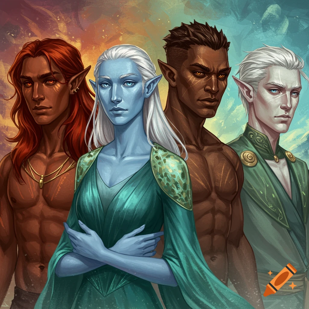 A digital painting of four diverse fantasy characters with pointed ears, featuring a blue-skinned woman and three men with varying complexions and hair colors.