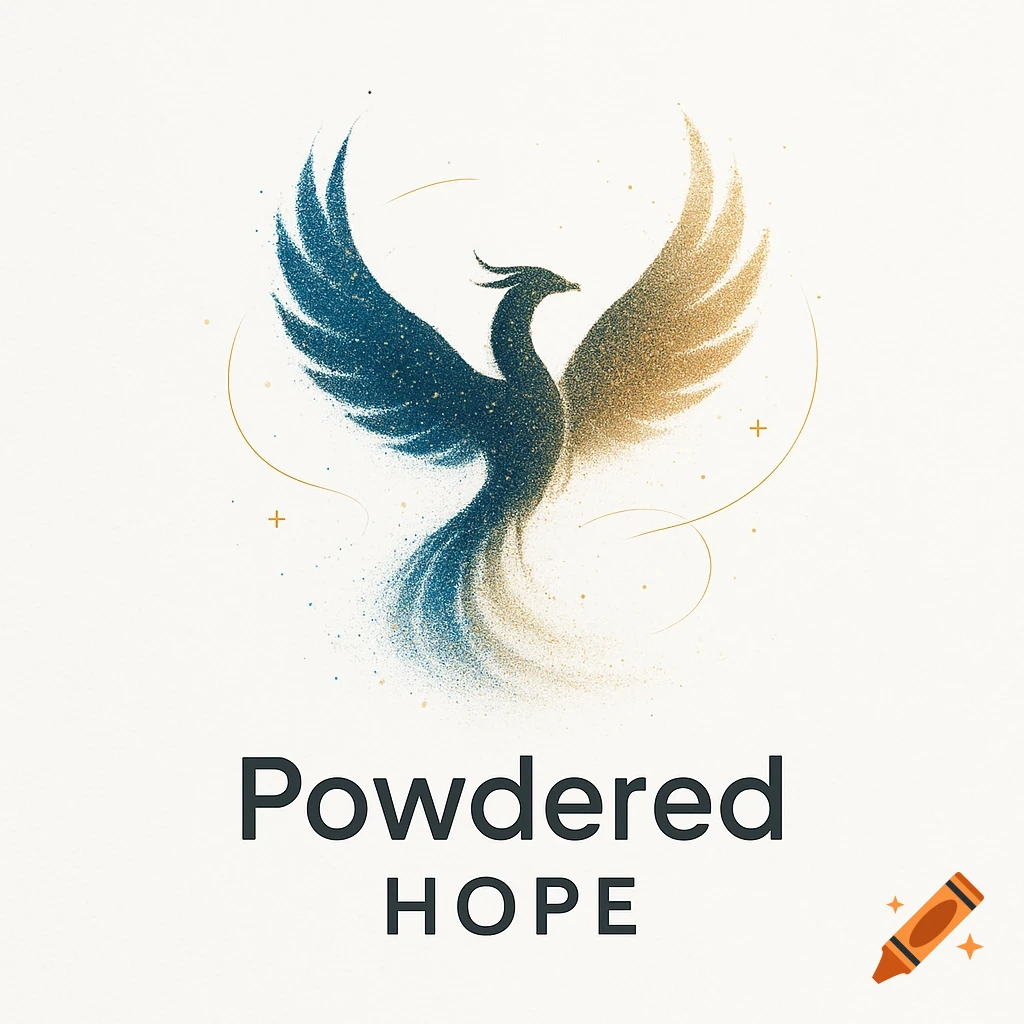 Stylized phoenix logo made of blue and gold sparkling particles, with wings spread, above the words 'Powdered HOPE'.