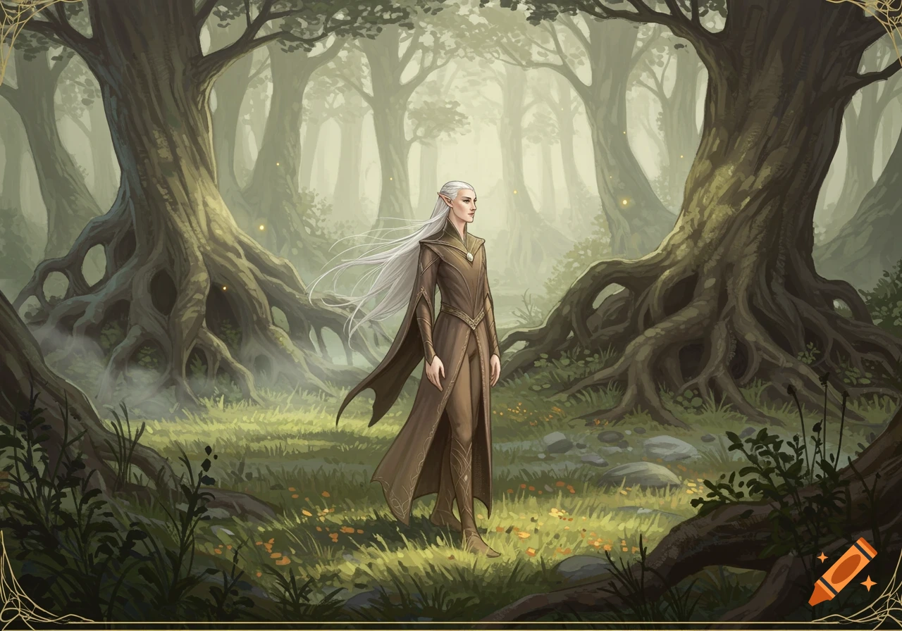 An elf with long white hair stands in a mystical forest with ancient trees and light filtering through.