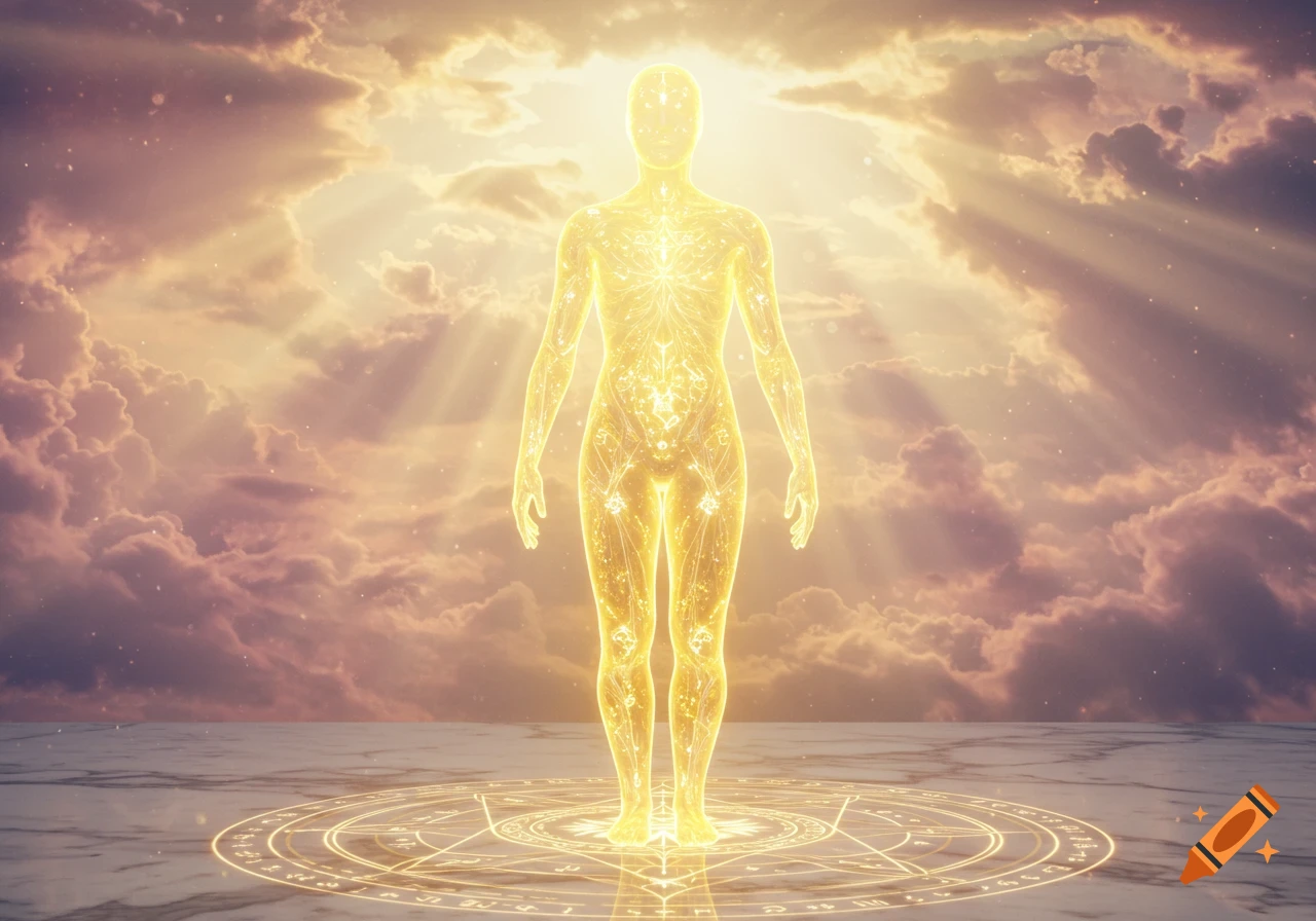 A radiant, golden humanoid figure stands on a marble floor with glowing runes, under a celestial sky with golden and pink clouds and light rays.