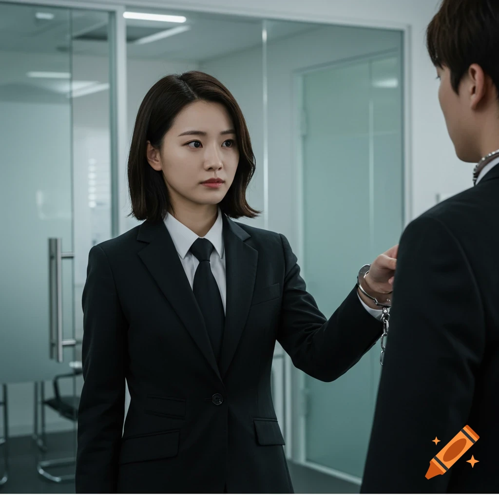 A woman in a dark business suit handcuffs a man in an office setting.