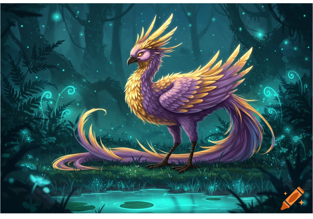 A vibrant fantasy bird with a purple body and golden feathers stands in a glowing teal magical forest by a shimmering pond.