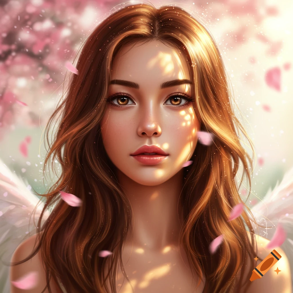 A close-up portrait of a beautiful woman with long brown hair and subtle wings, surrounded by glowing pink petals in a dreamy, sunlit setting.