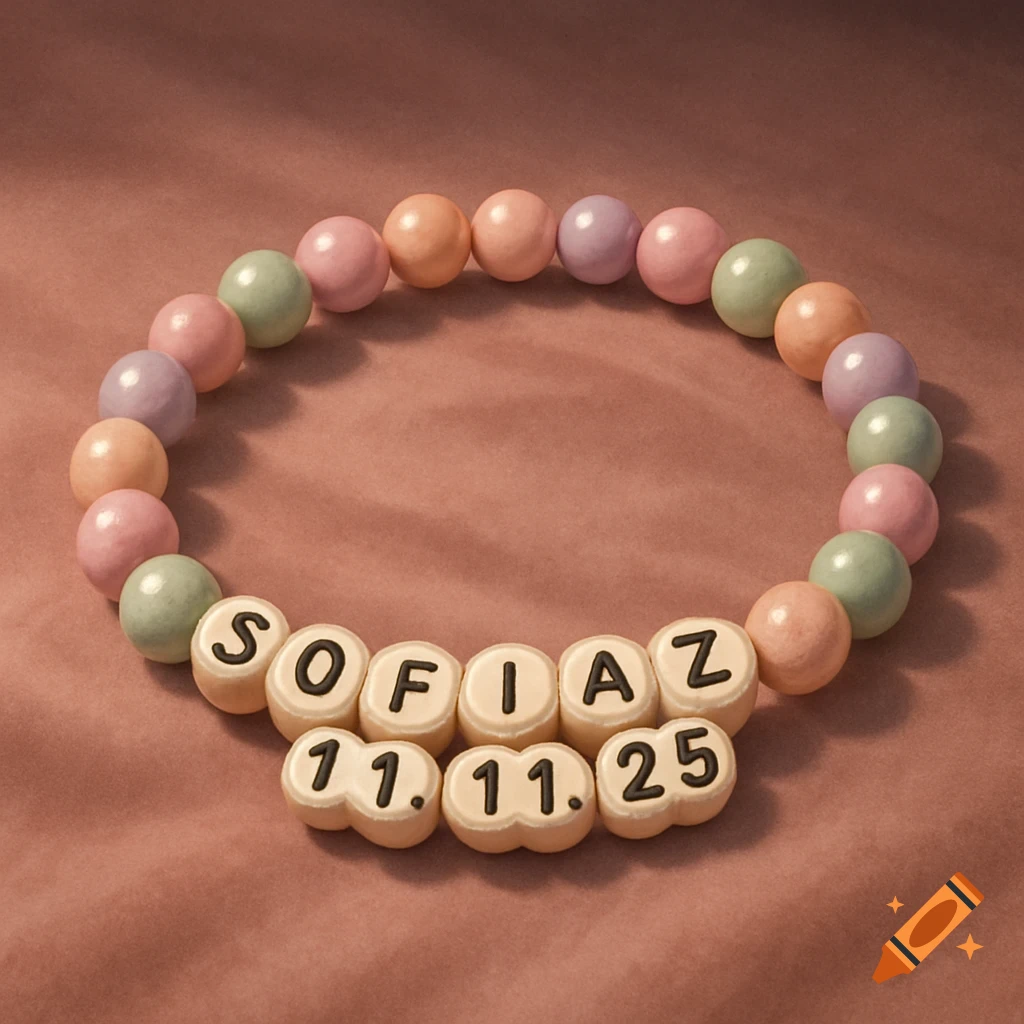 A close-up of a pastel-colored bead bracelet spelling 'SOFIAZ 11.11.25' on a brown surface.