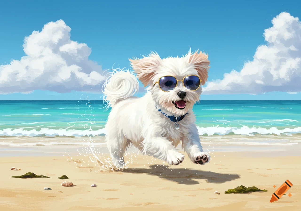 A fluffy white dog wearing blue sunglasses runs happily on a sunny beach with waves, illustrated.