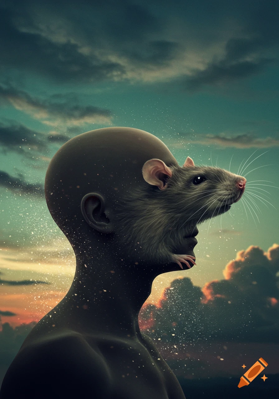 A surreal image of a bald human head in profile with a rat's head emerging from its face against a dramatic sunset sky.