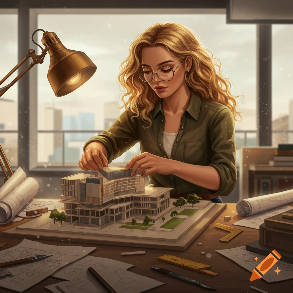 A blonde woman with glasses and curly hair works on an architectural building model at a desk, surrounded by blueprints, in a digital art style.