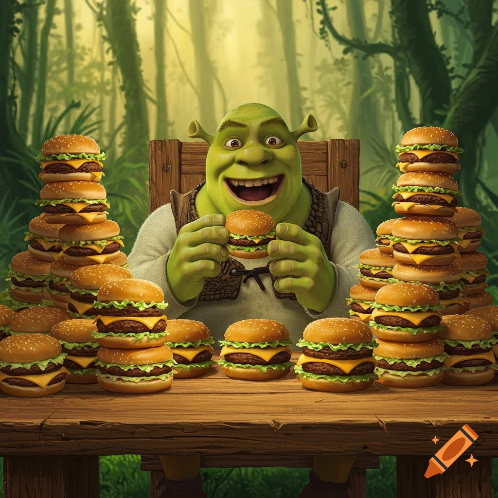 Shrek happily sits at a wooden table in a forest, holding a burger, surrounded by numerous tall stacks of hamburgers in an animated style.