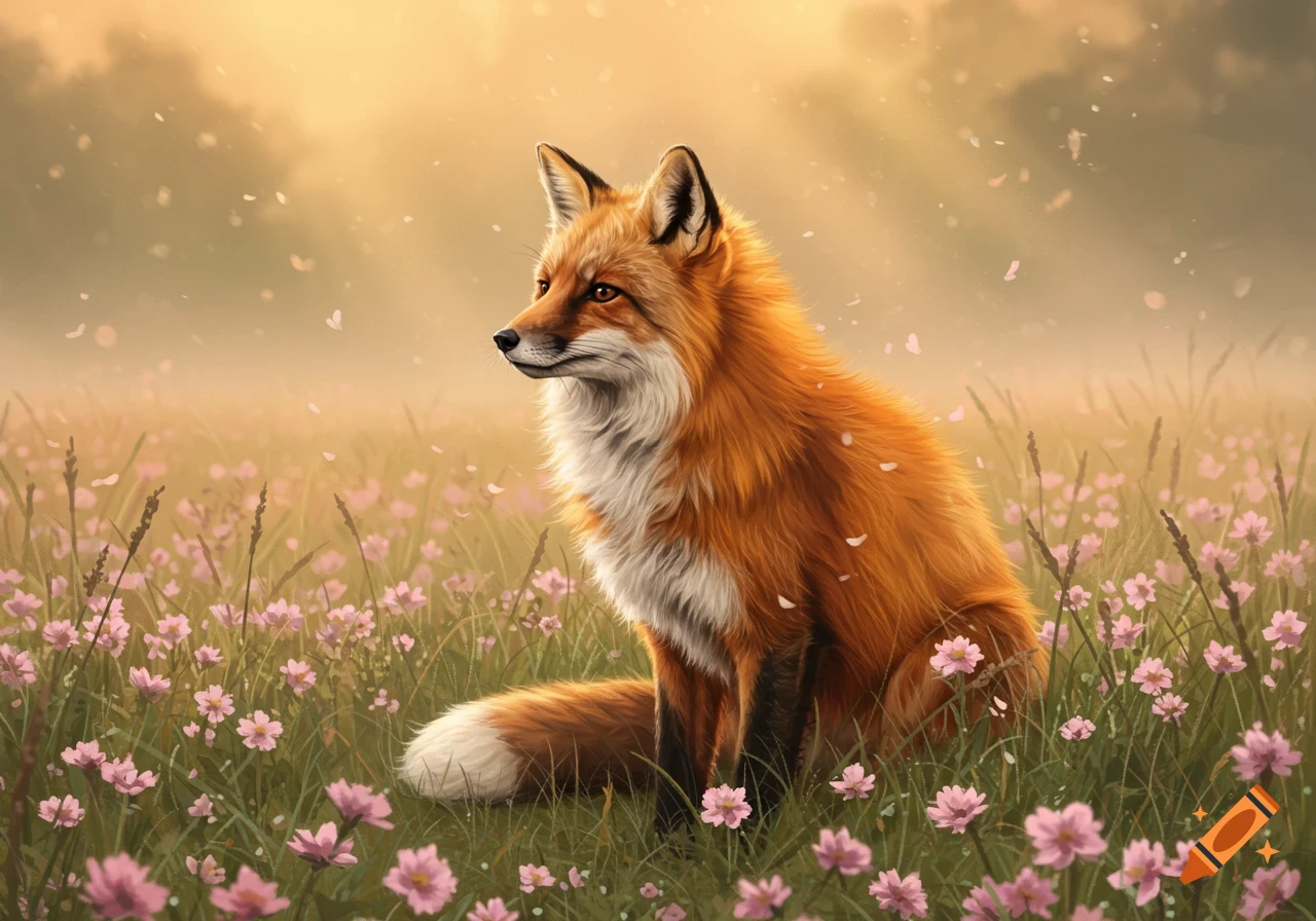A red fox sits in a field of pink flowers with sunlight in the background.