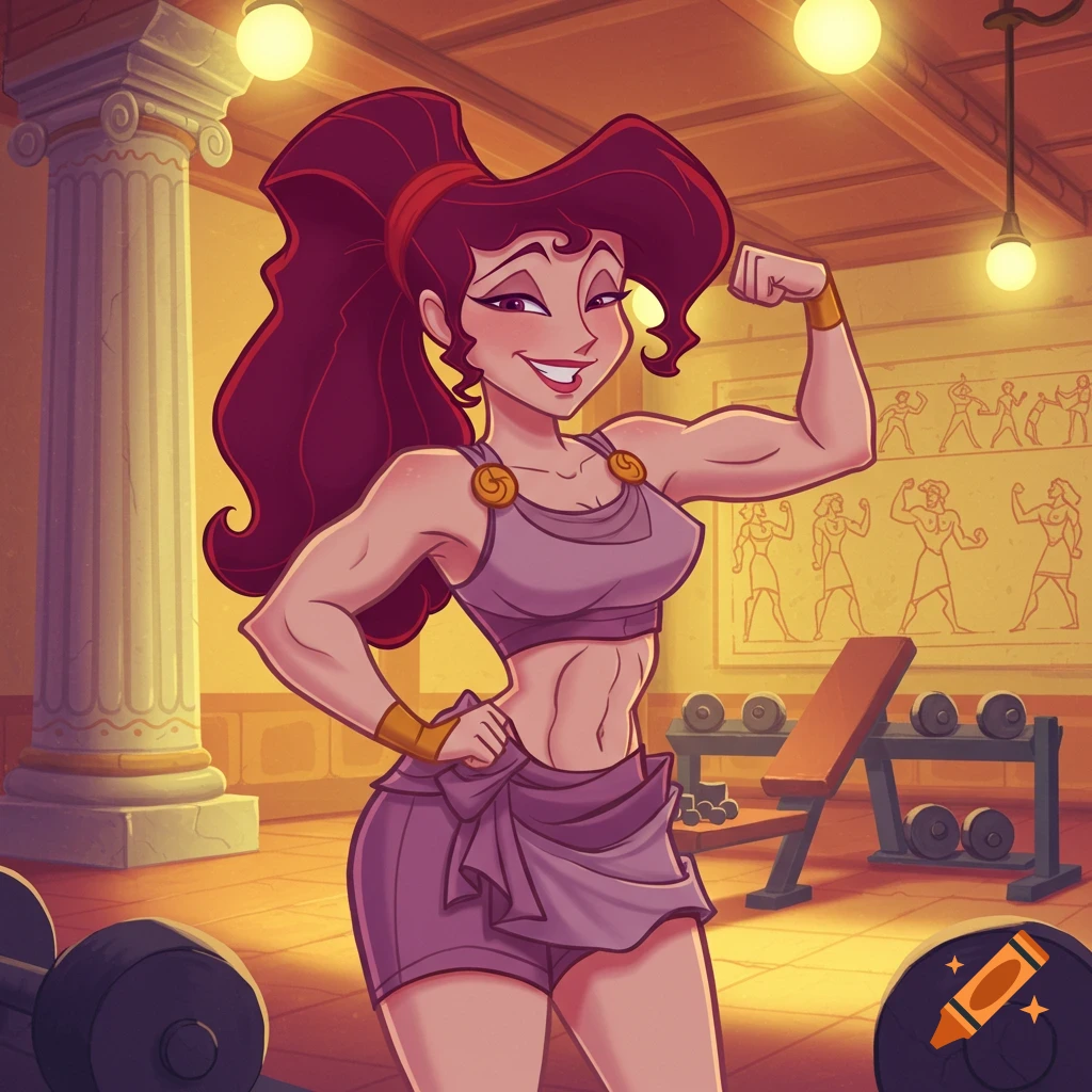 Megara from Hercules, a muscular cartoon woman, flexes her bicep in a Greek-themed gym with weights and pillars.