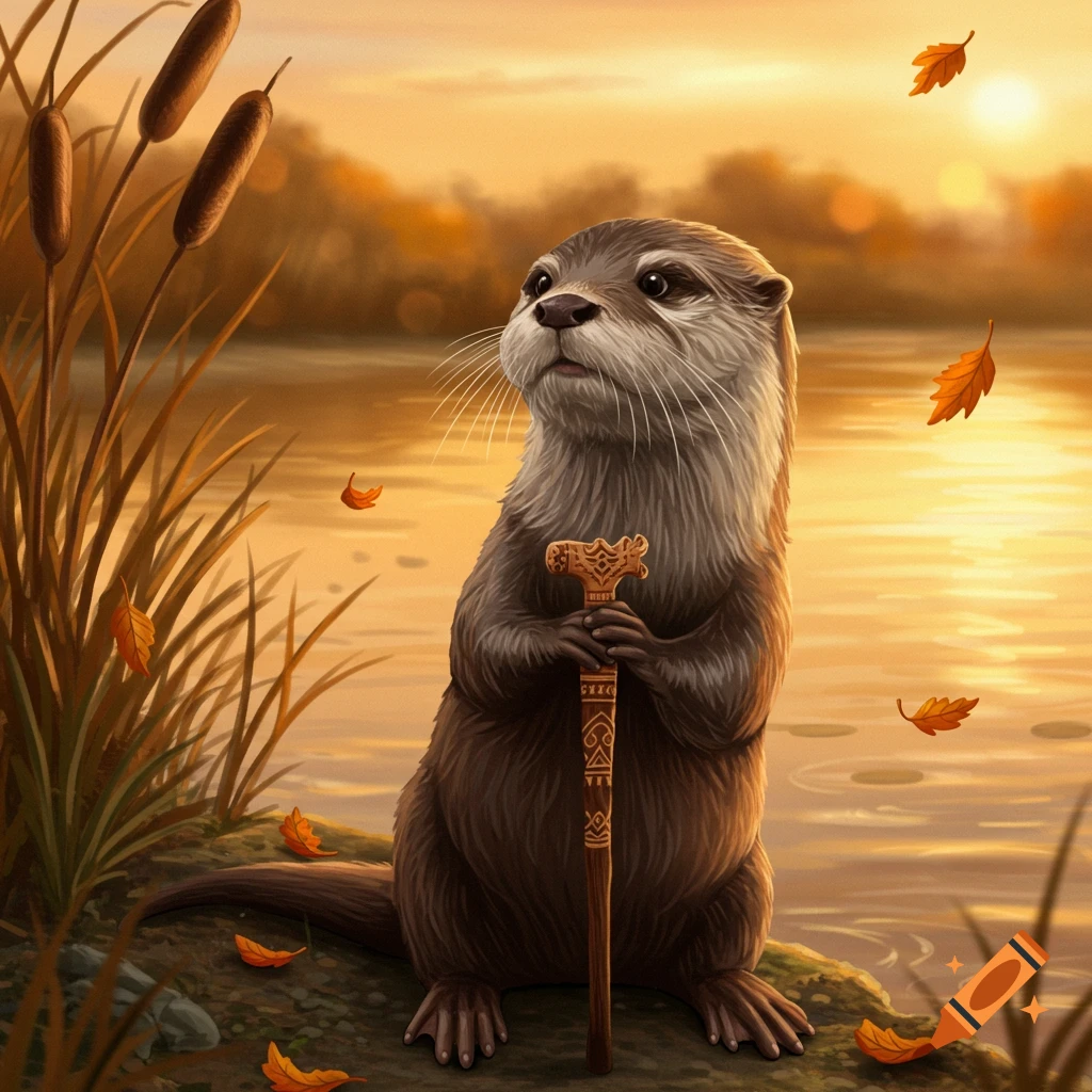 An otter stands by a lake at sunset, holding a decorative wooden cane, with autumn leaves falling around it among reeds.
