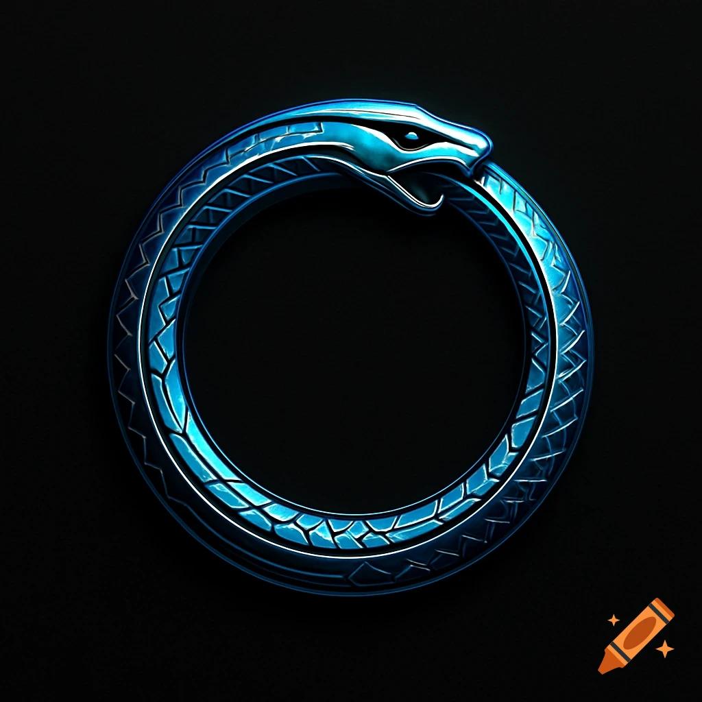 A futuristic glowing blue metallic Ouroboros symbol against a dark background.