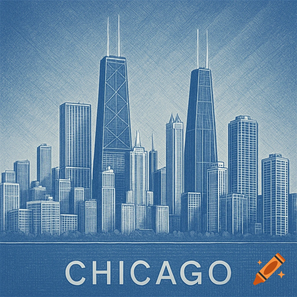Blueprint-style illustration of the Chicago skyline with skyscrapers and the word CHICAGO at the bottom.