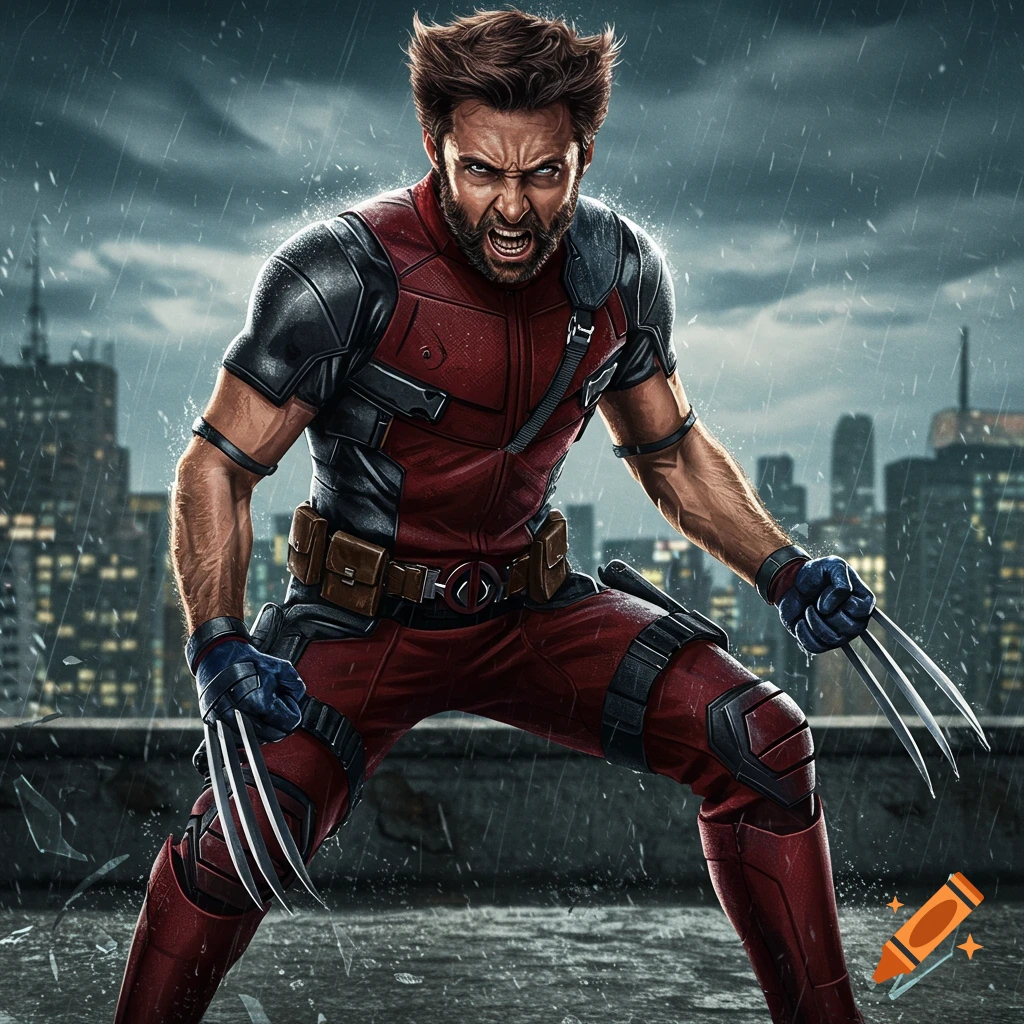 Wolverine in a red and black suit with claws out, roaring on a rainy city rooftop.