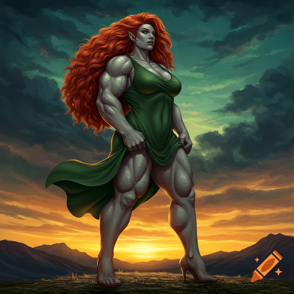 A powerful, muscular female barbarian with gray skin, long red curly hair, and a green dress stands on a hill at sunset.