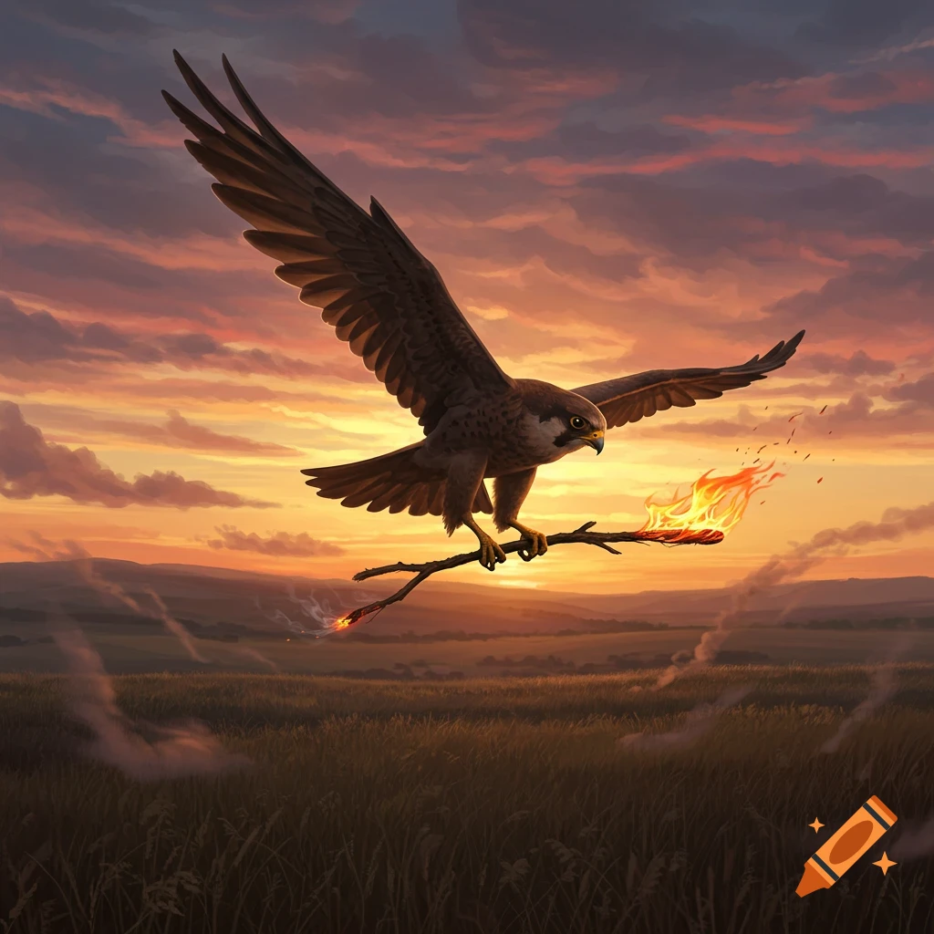 A brown falcon flies over a field at sunset, carrying a burning stick with flames and smoke trailing behind.