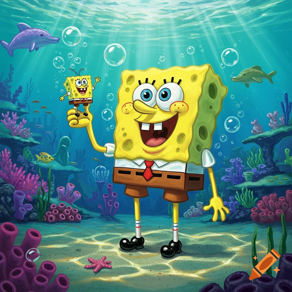 Cartoon Spongebob Squarepants stands underwater, holding a tiny version of himself amidst colorful coral.