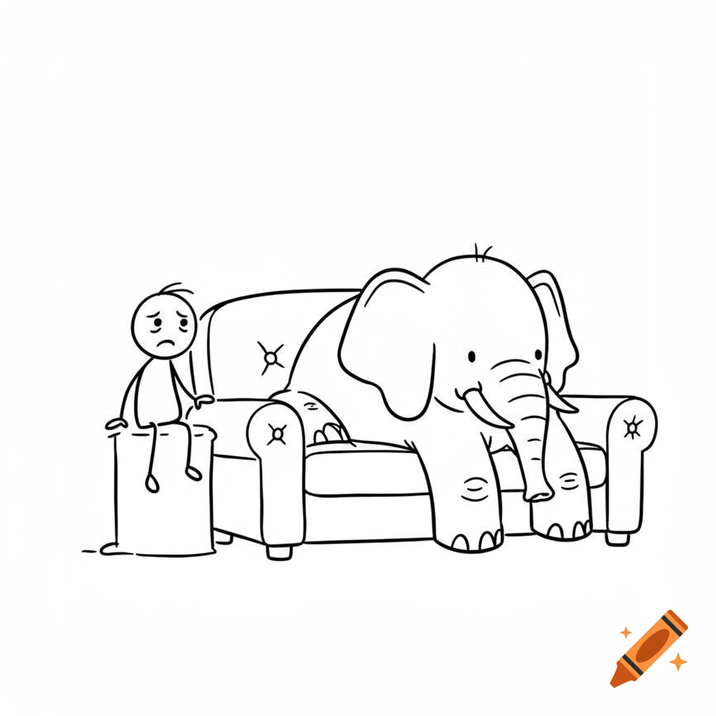 A sad stick figure sits on the edge of a loveseat, mostly occupied by a large, cute elephant, in a line drawing.