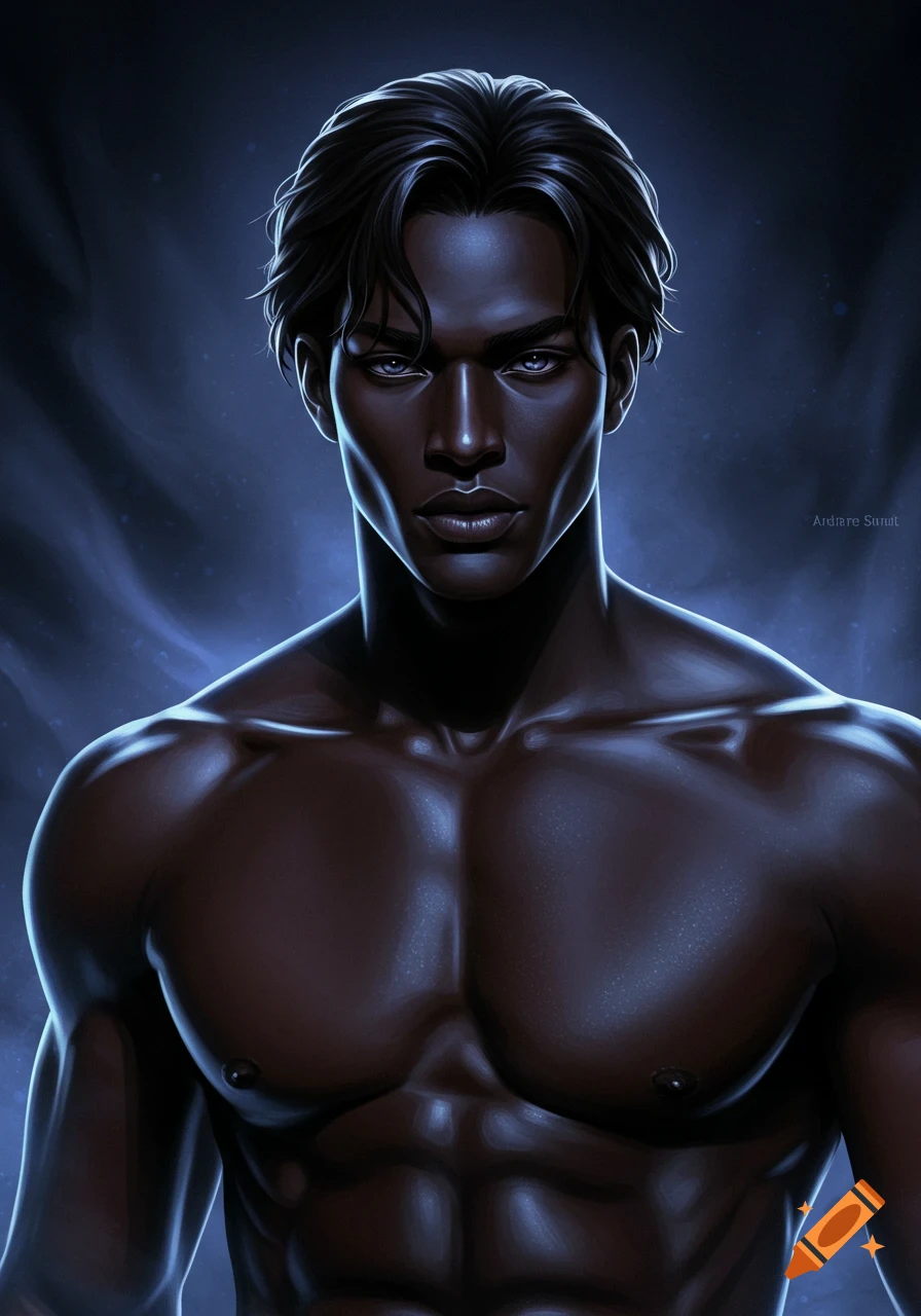 A digital art portrait of a dark-skinned, muscular man with dark hair and bright eyes, shirtless against a dark blue background.