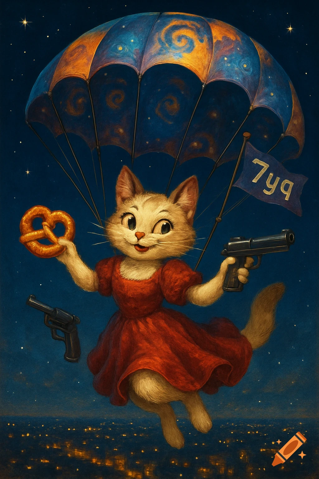 Cute cartoon cat in a red dress parachuting at night, holding a pretzel and a gun, with a flag.