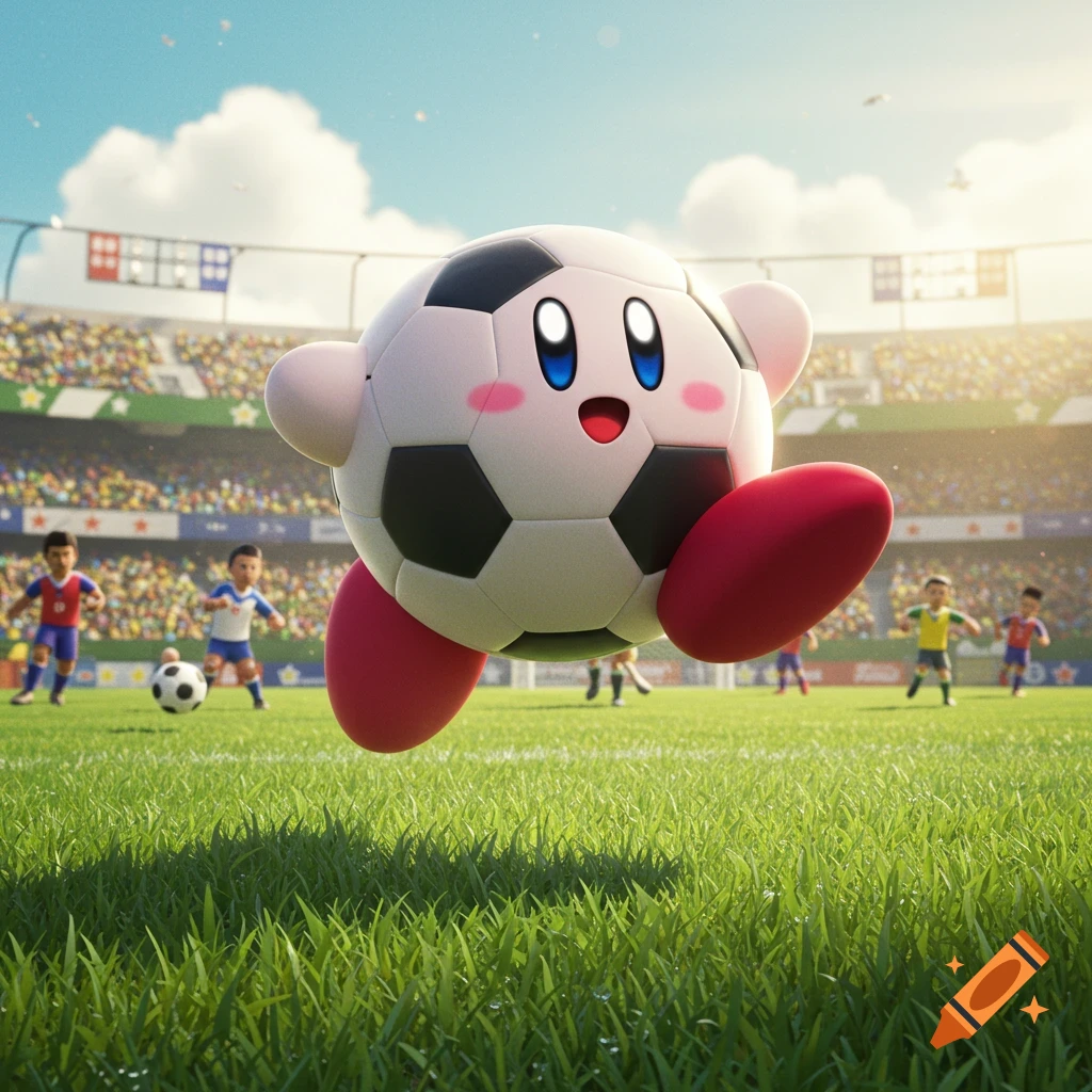 Kirby, as a soccer ball with a face, kicks off in a sunny stadium with tiny players in the background on a green field.