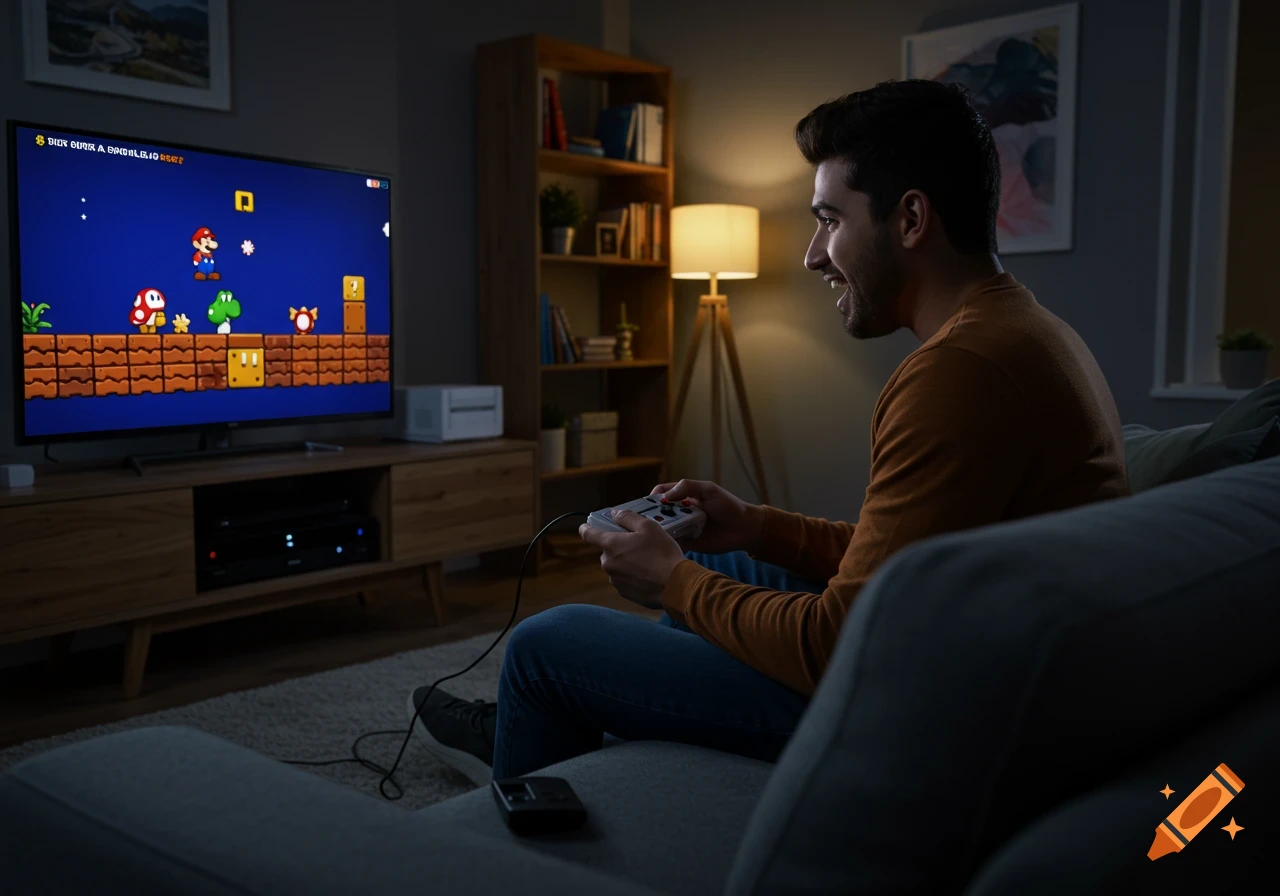 A man is playing Super Mario Bros on a large TV in a dimly lit living room, smiling.