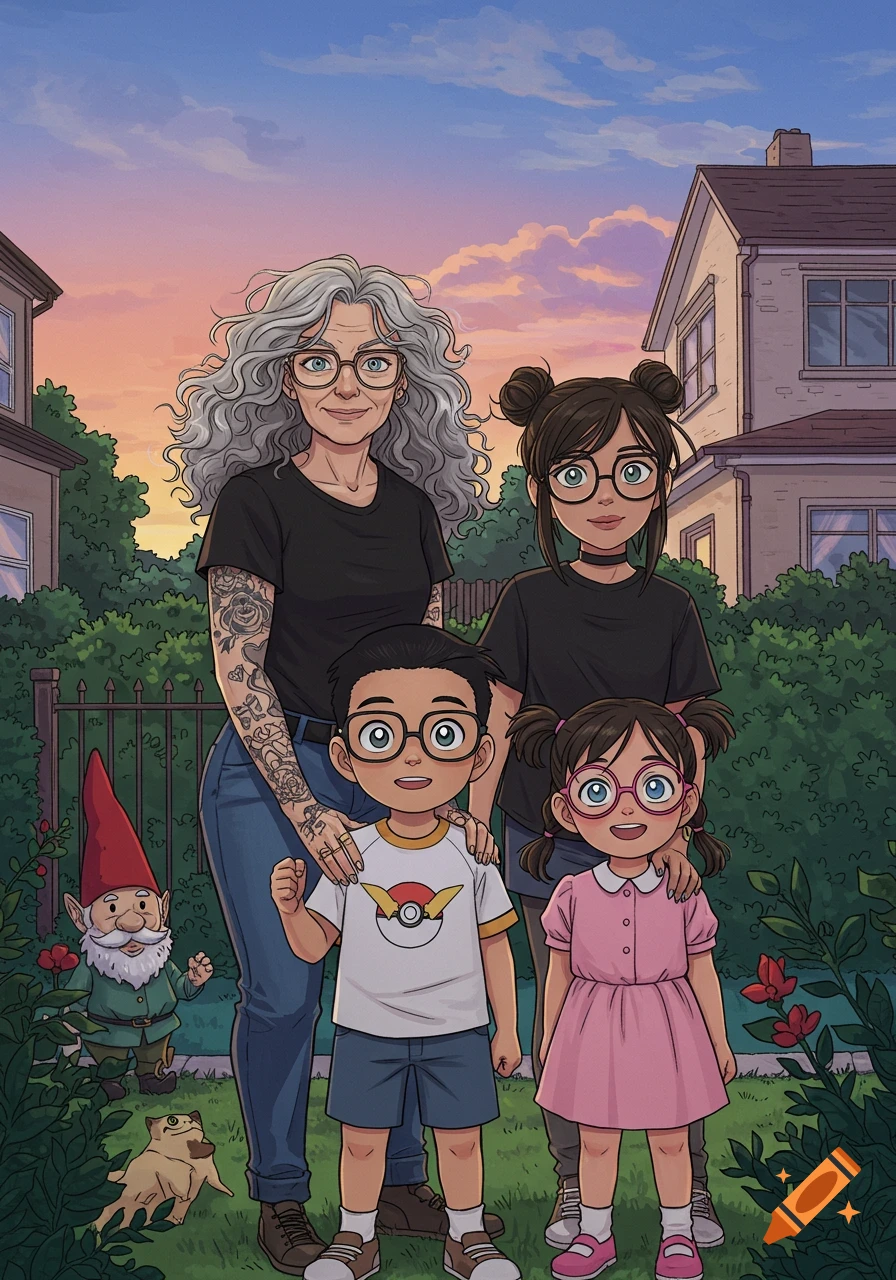 An illustration of a diverse family (grandmother, mother, grandson, granddaughter) smiling in a suburban backyard with a gnome and cat.