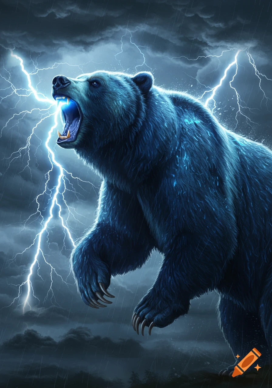 A majestic blue bear roars with lightning striking from its mouth during a dark, rainy thunderstorm.