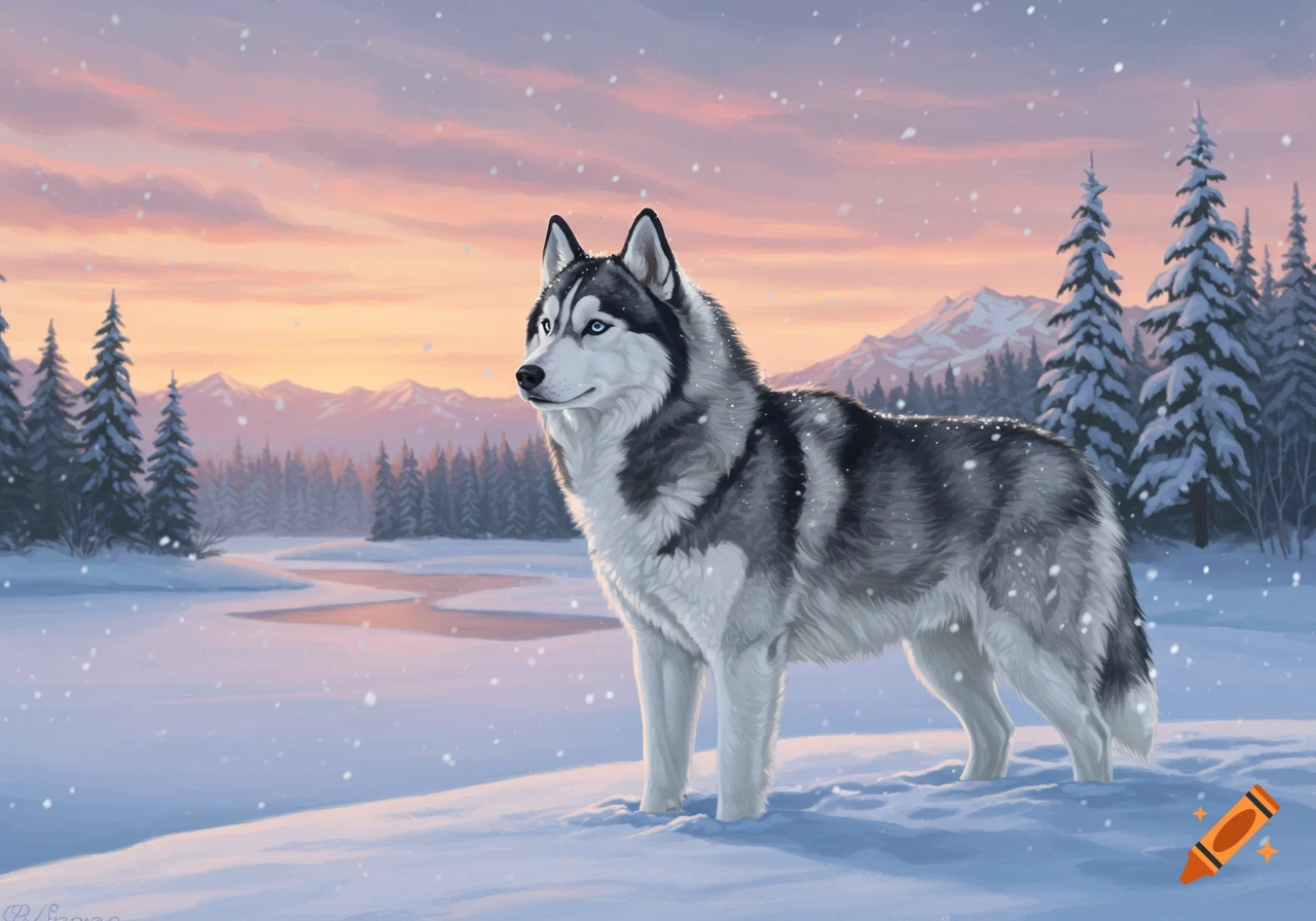 A fluffy husky dog with blue eyes stands in a snowy mountain landscape with pine trees under a beautiful sunset sky, with snowflakes falling.