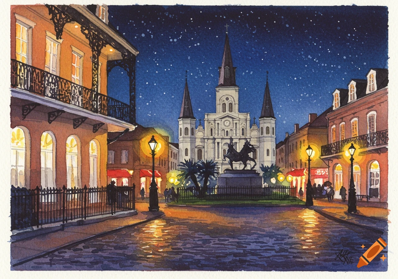 A watercolor painting of Jackson Square in New Orleans at night, with St. Louis Cathedral, a statue, and lamp-lit buildings reflecting on wet streets.