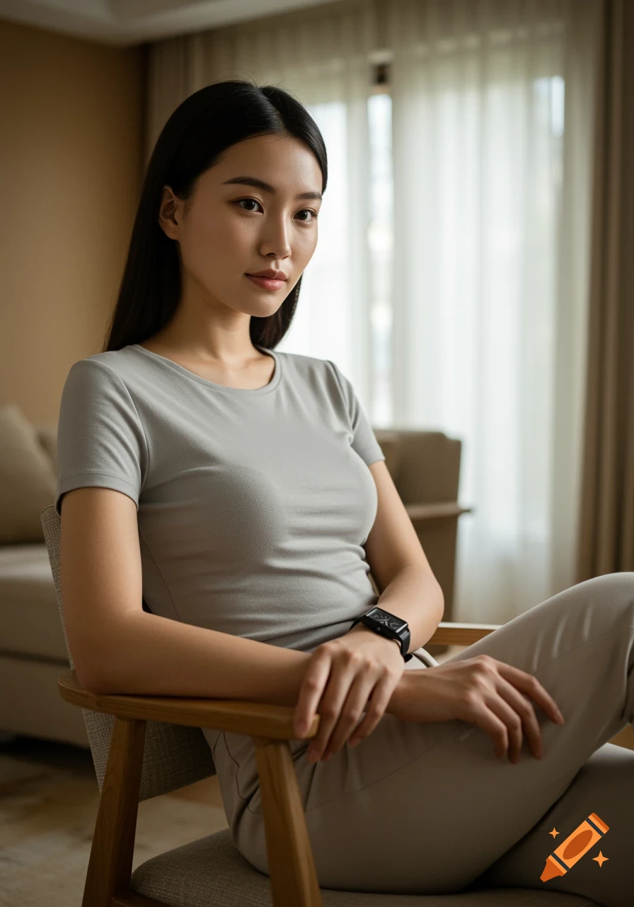 A young woman with long dark hair sits in a wooden chair, wearing a grey t-shirt and light-colored pants. She has a black watch on her wrist and looks calmly at the viewer in a well-lit room.