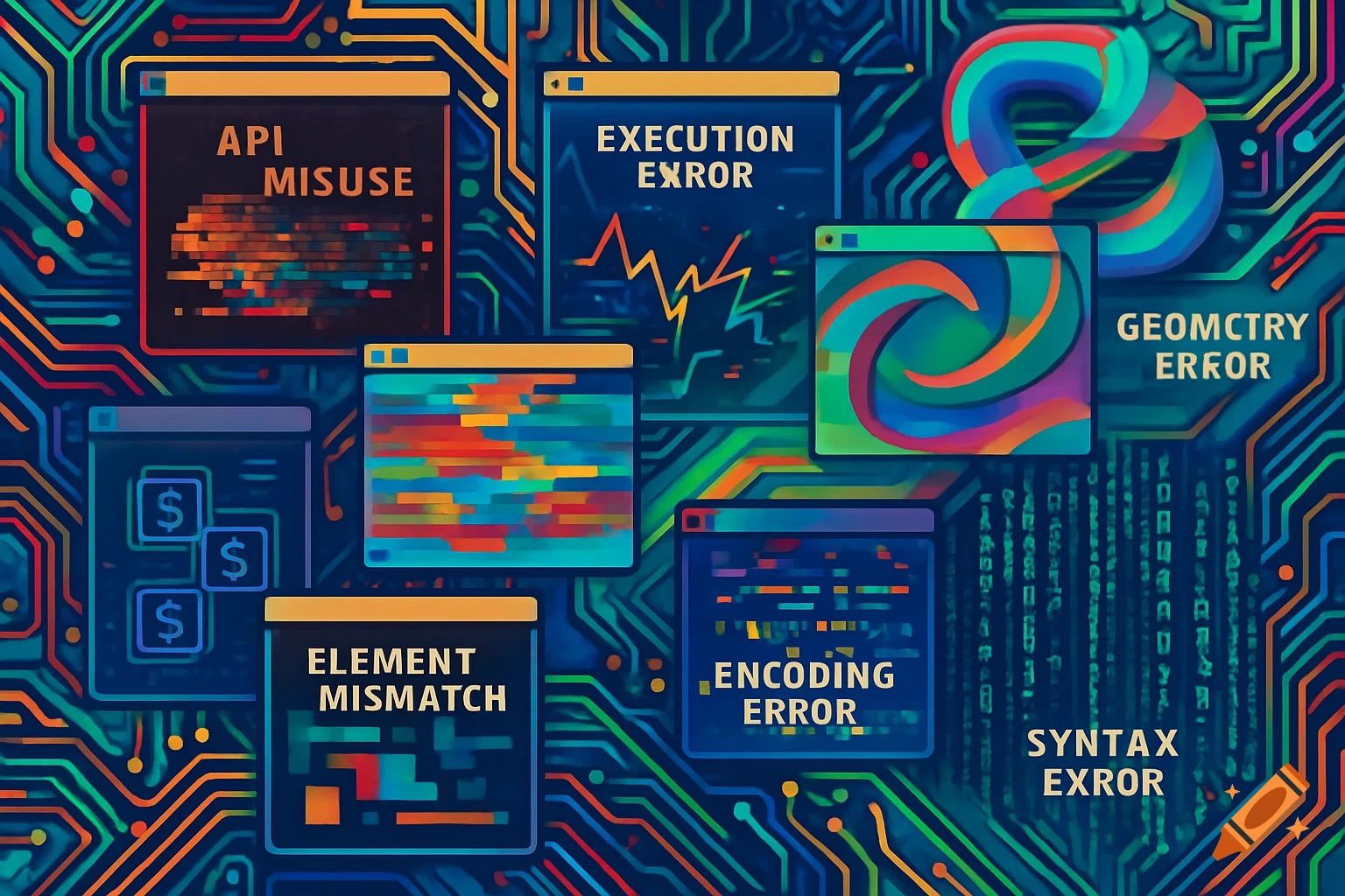 An abstract illustration of various computer errors displayed in windows on a circuit board background, including API misuse, execution error, geometry error, and encoding error.