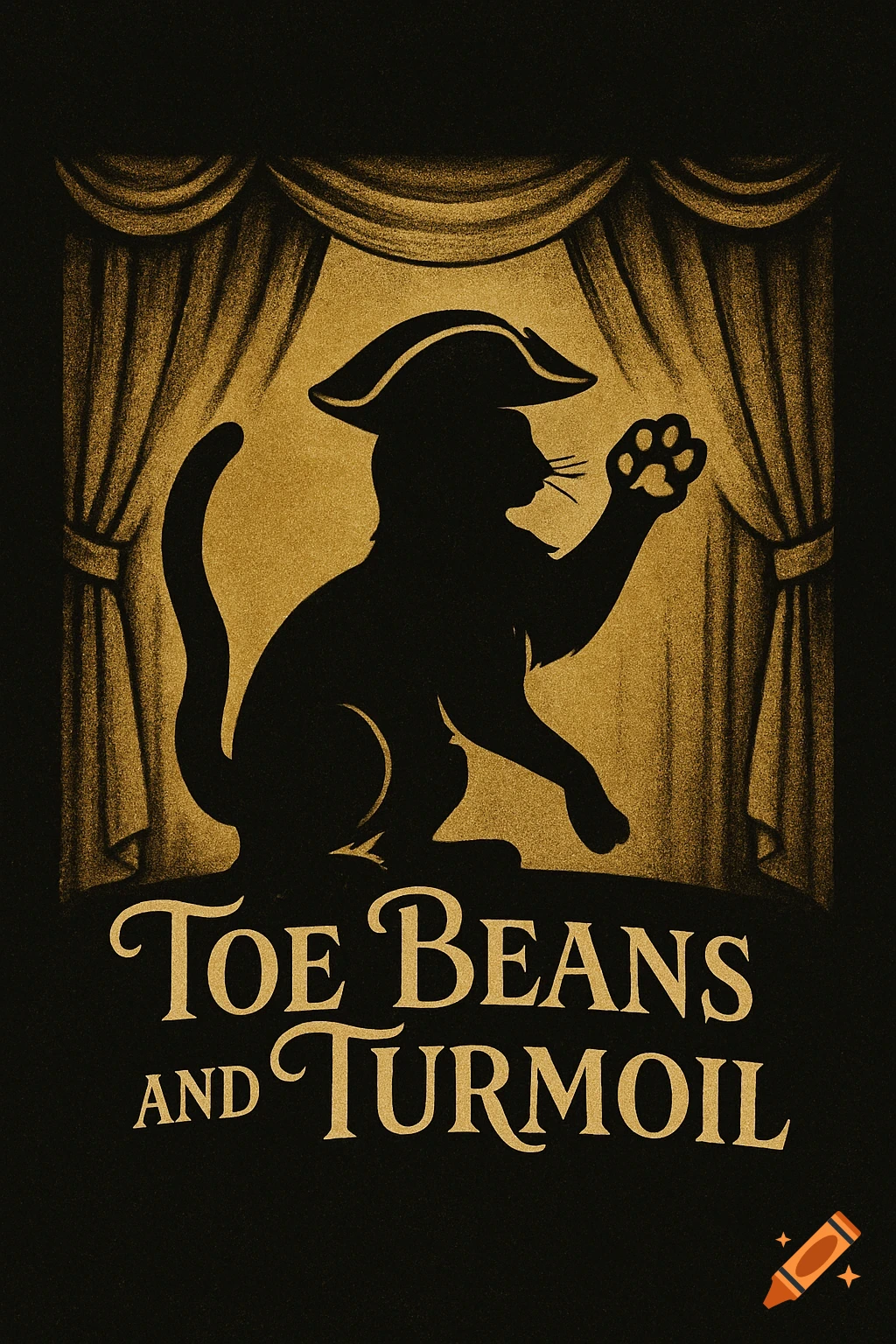 A black silhouette of a cat wearing a bicorne hat, raising a paw, against a gold textured background resembling stage curtains, with the text "Toe Beans AND TURMOIL" below.