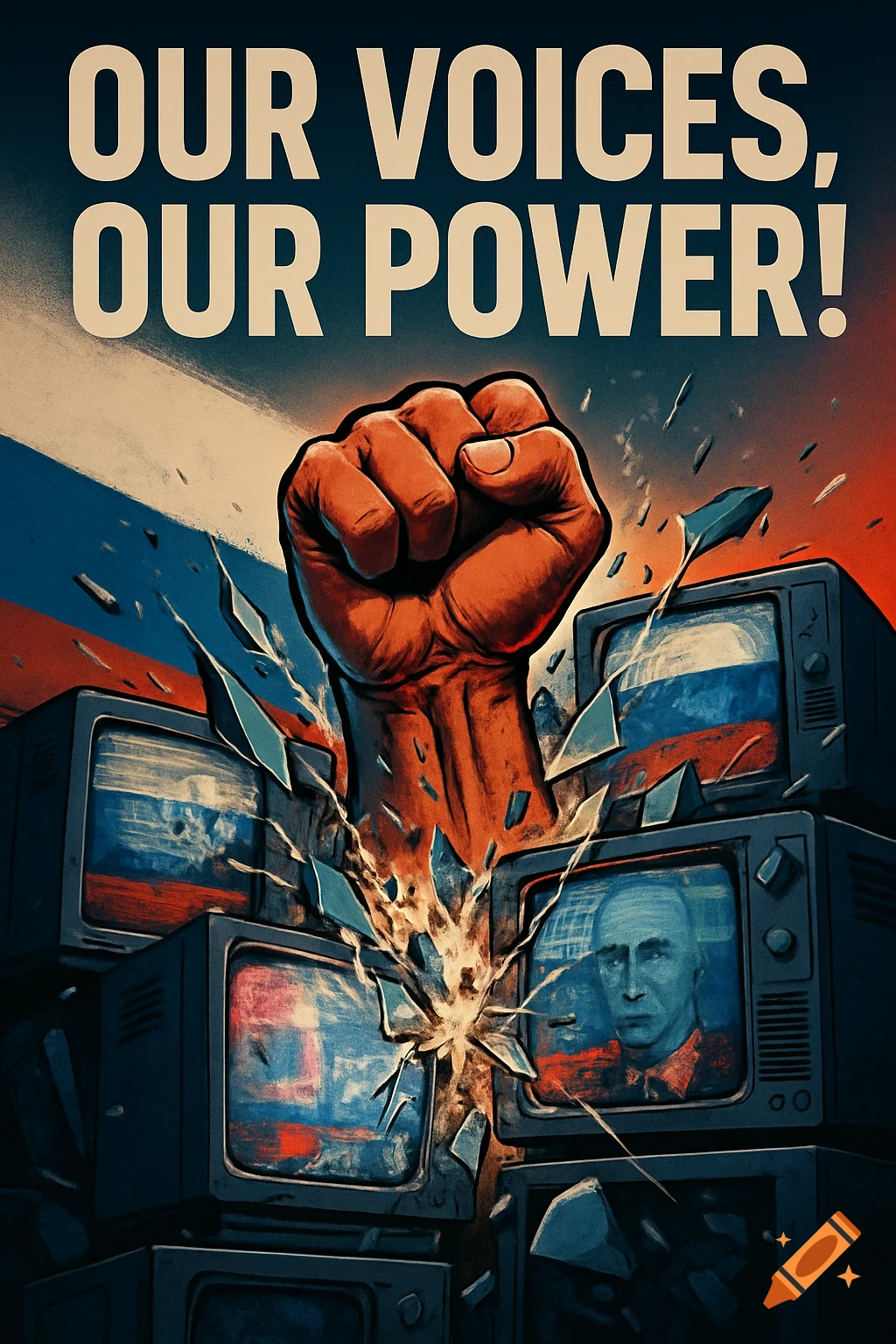 Illustrated poster of a red clenched fist shattering TV screens displaying a Russian flag and Vladimir Putin's face, with 'OUR VOICES, OUR POWER!' text above.