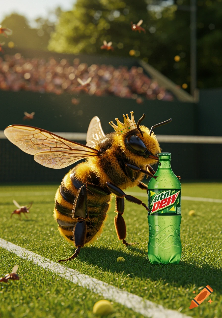 Photorealistic image of a bee with a golden crown holding a Mountain Dew bottle on a tennis court.
