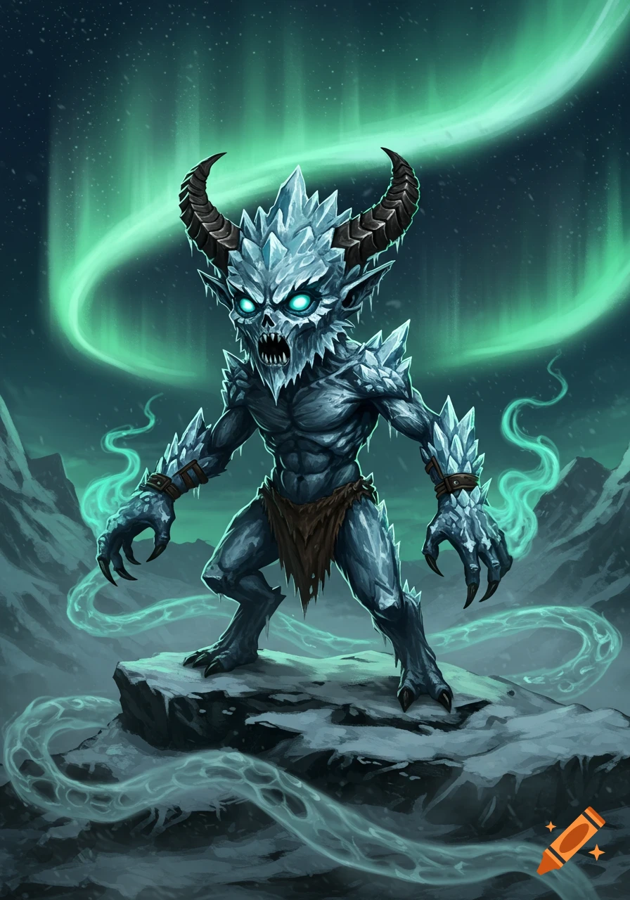 An ice monster with horns and glowing eyes stands on a snowy rock under the aurora borealis, fantasy art.